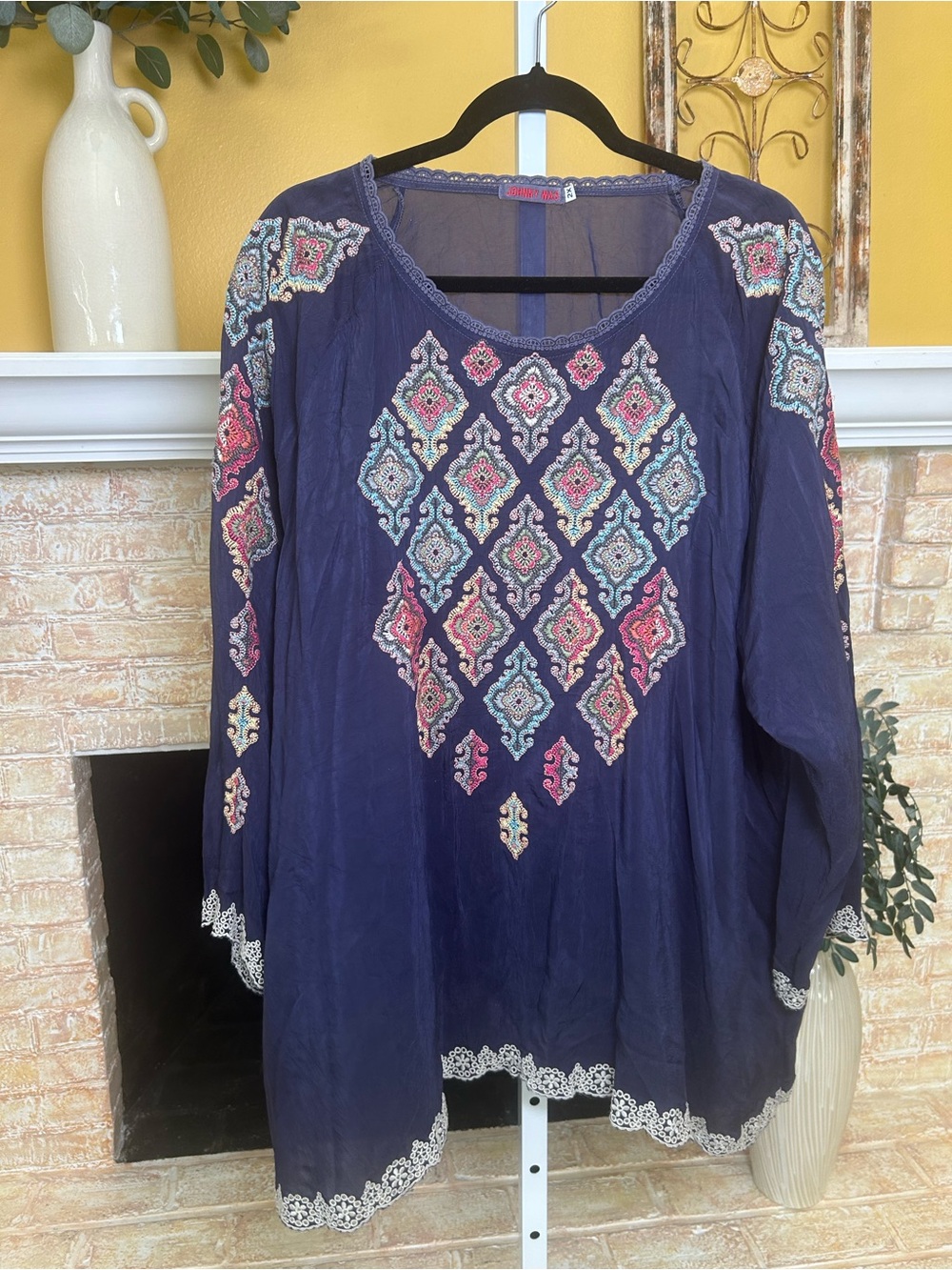 Johnny Was 2X Navy Embroidered Tunic Top Boho Long Sleeve Blouse #744